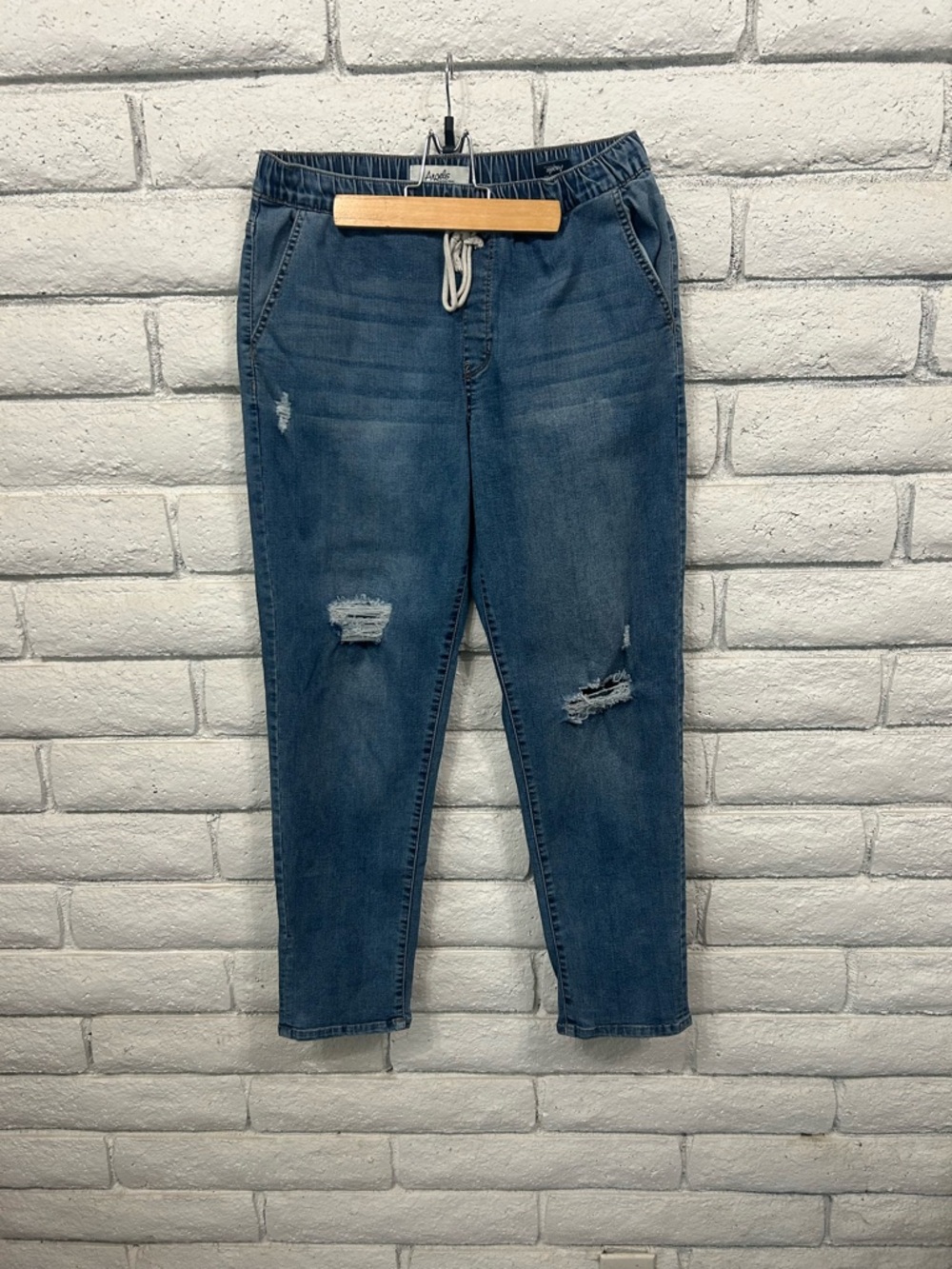 Women's Blue Denim Distressed Drawstring Accent Ankle Jeans Relaxed‎ Fit Size 10